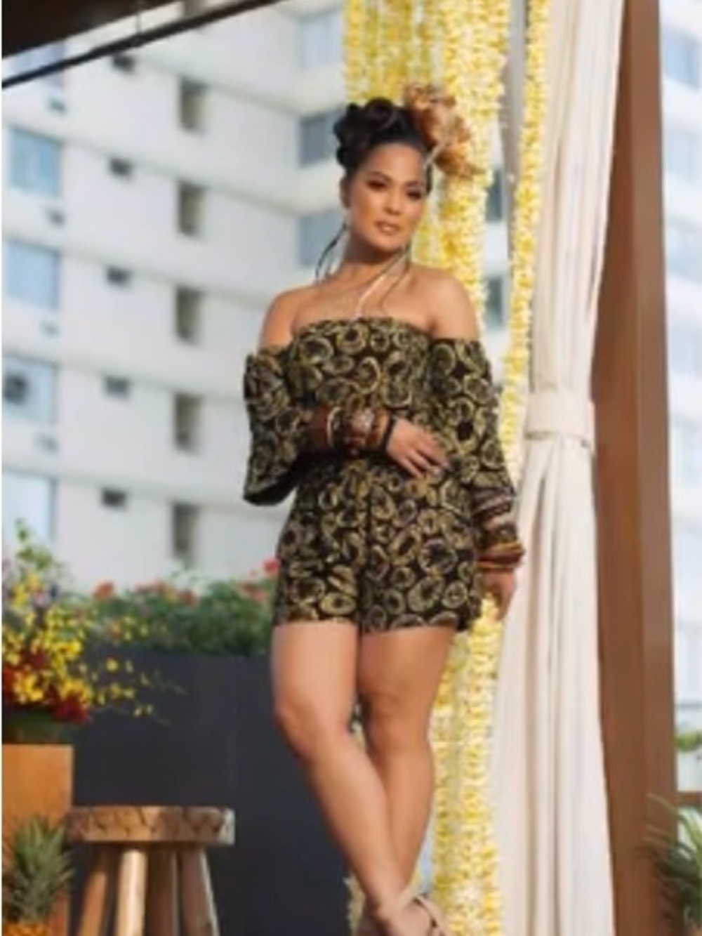 Off-Shoulder Black and Gold Printed Opihi Romper